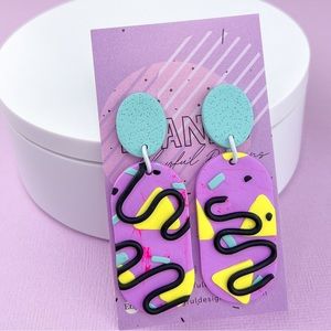 80s Memphis Style Pattern Polymer Clay Dangle Earrings Handmade Funky Re…